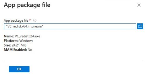 单击“Select app package file”并找到 VC_redist.x64.intunewin