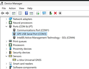 GPS USB 串行端口 （COM3） 和 u-blox 通用 GNSS
