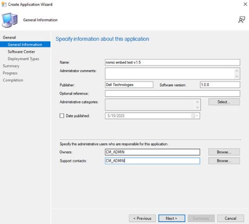 Ingrese un nombre y proporcione la información necesaria, como el editor y la versión de software, actualice el propietario de la aplicación y el contacto de soporte si es necesario y haga clic en Siguiente