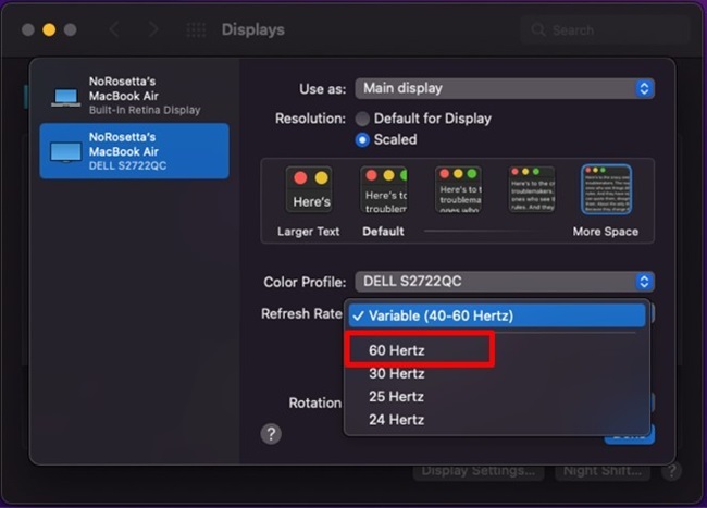 macOS:n näyttöasetukset, virkistystaajuus