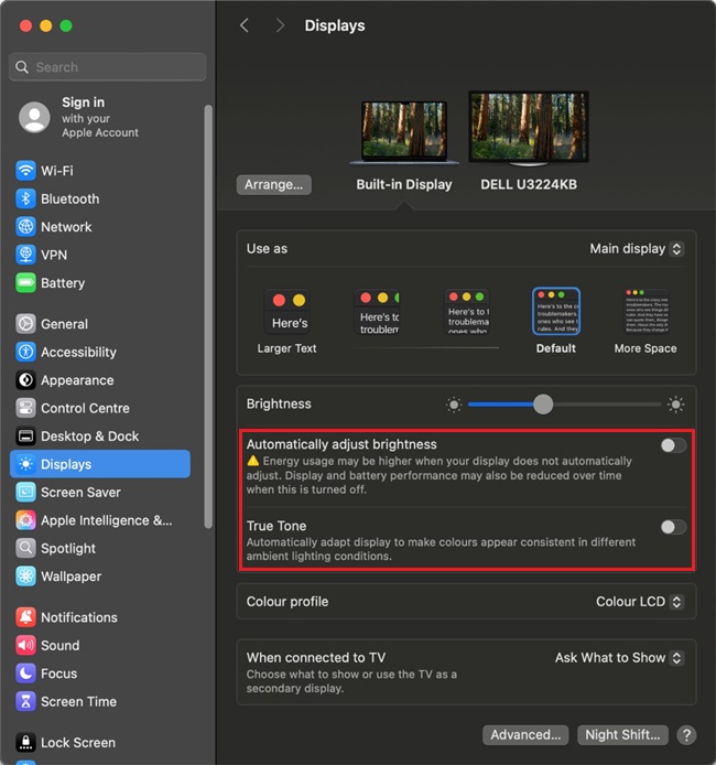 macOS:n näyttöasetukset, automaattinen kirkkaus ja todelliset sävyasetukset