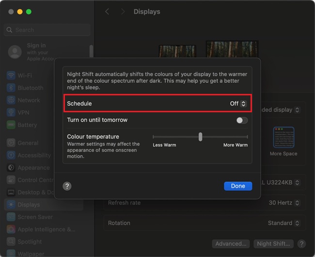 Налаштування дисплея macOS, Night Shift