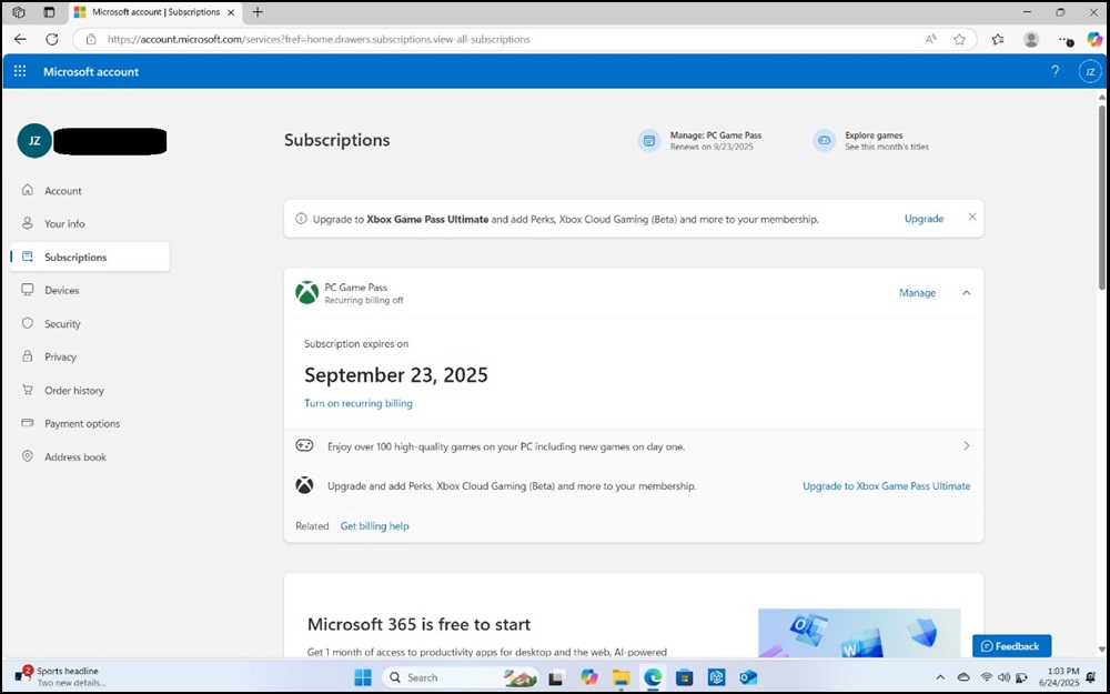 Microsoft-Konto, Beispiel für Abonnements