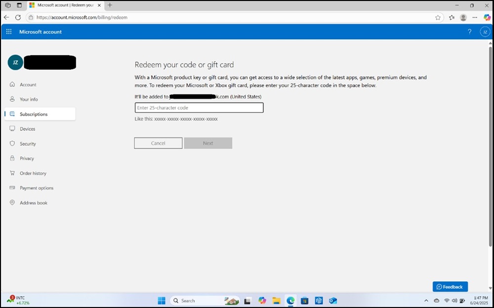 Przykład konta Microsoft, zrealizowania kodu lub karty upominkowej