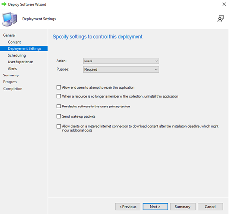Configurações de implementação com menus suspensos Action e Purpose