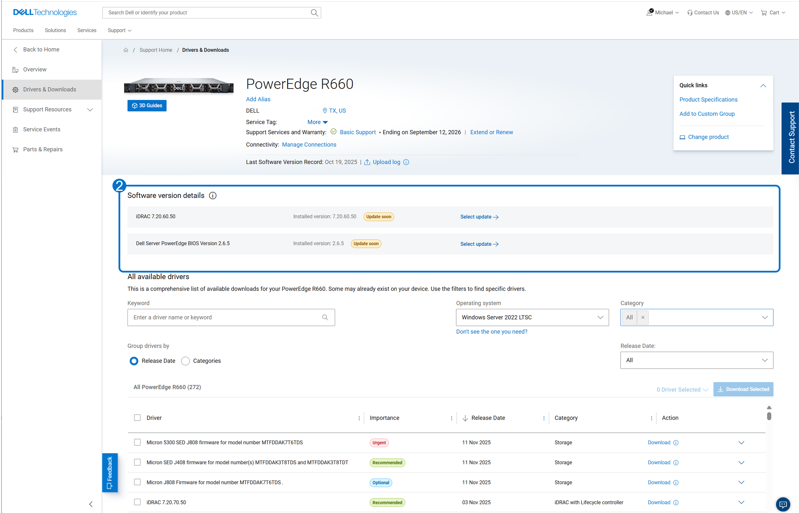 Details zur Version der Server-, Storage- oder Netzwerksoftware