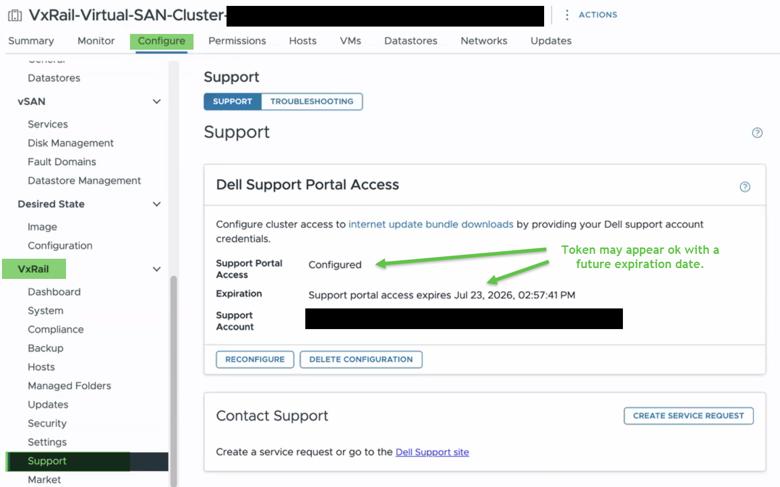 "Cluster" - "Configure" - "VxRail" - "Support" the "Dell Support Portal Access" UI display