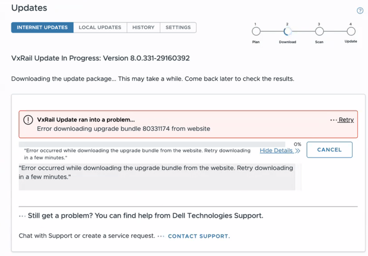 UI error message "Error occurred while downloading the upgrade bundle from the website. Retry downloading in a few minutes."