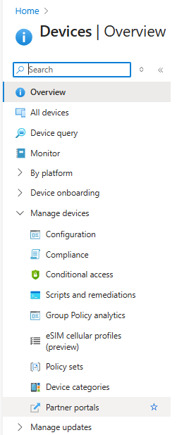 Manage devices is expanded with Partner portals selected
