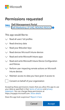 In the Permissions requested prompt, selecting Consent on behalf of your organization and the Accept button
