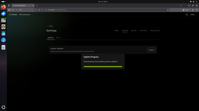 Ubuntu， 您的 DGX 儀表板， 更新進度