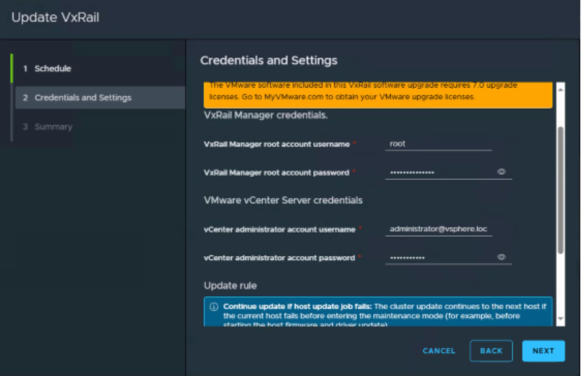 Screenshot of upgrade error