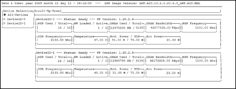 Sample output for AI100 running inference using qaic-util -t 1