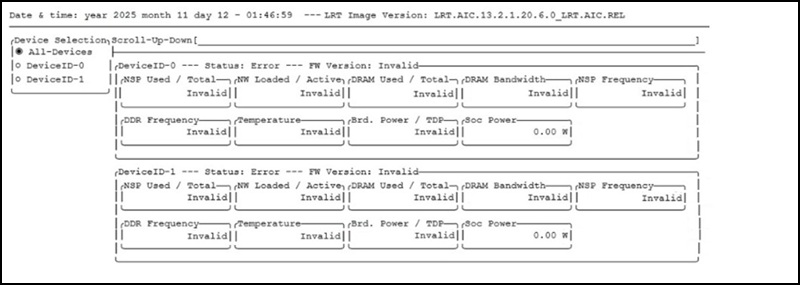 Sample output of AI100 card reset using qaic-util -s and qaic-util -t 1
