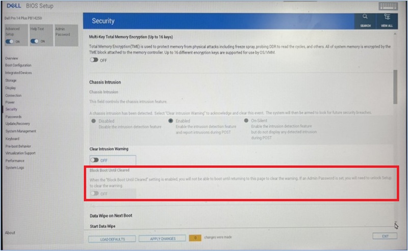 Select OFF for Block Boot Until Cleared.