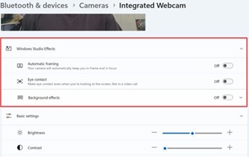 Podívejte se, jestli jsou možnosti Efekty Windows Studia k dispozici v Nastavení.