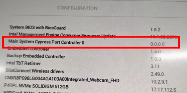 En konfigurationsmenu med hovedsystemets Cypress Port Controller 0 på version 0.0.0.0