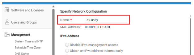 De oude hostnaam van de array is au-unity, screenshot van de Unity