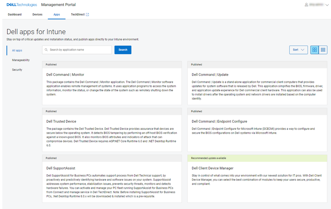 Dell Command Update en la lista de aplicaciones de Dell para Intune