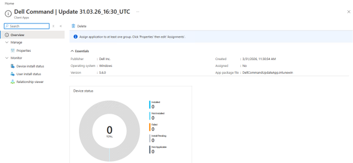 Aplicación Dell Command Update publicada en Intune