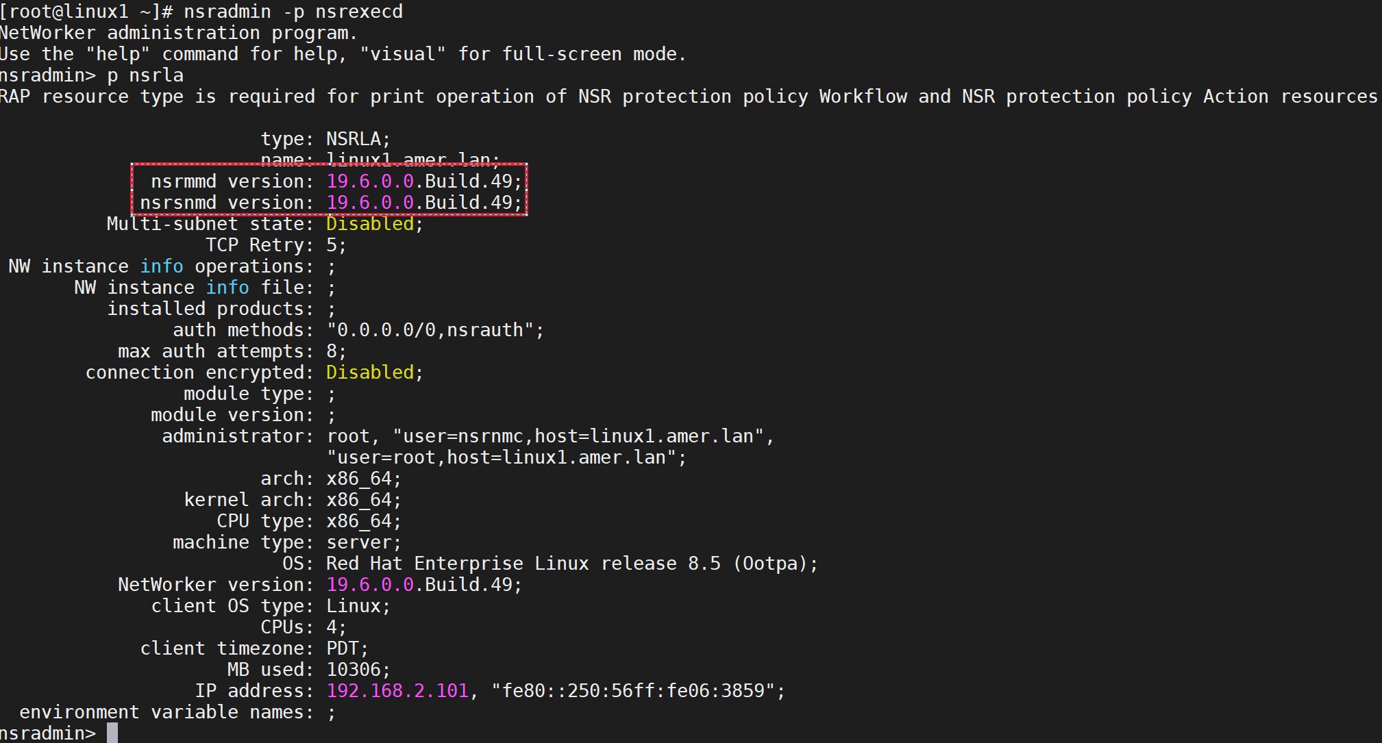 Prompt nsradmin