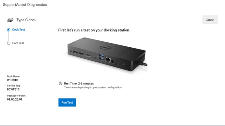 SupportAssist détecte la station d'accueil connectée puis affiche le nom de la station d'accueil, le numéro de série et la version du package