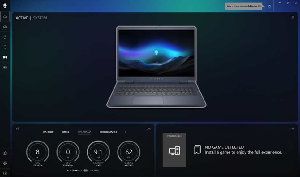 Hoofdpagina van Alienware Command Center