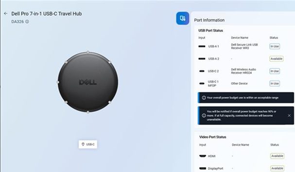 Dell Pro USB-C 7-in-1トラベル ハブDA326に接続されているデバイスが
