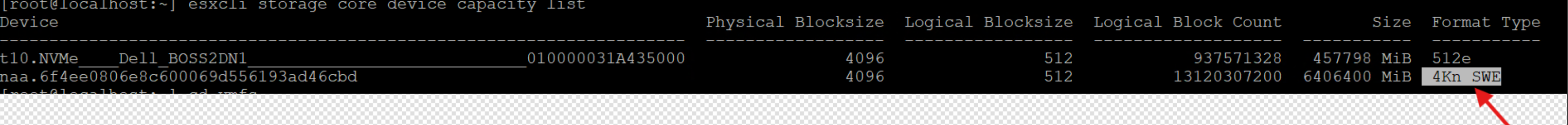 esxcli listing 4kn SWE Format Type