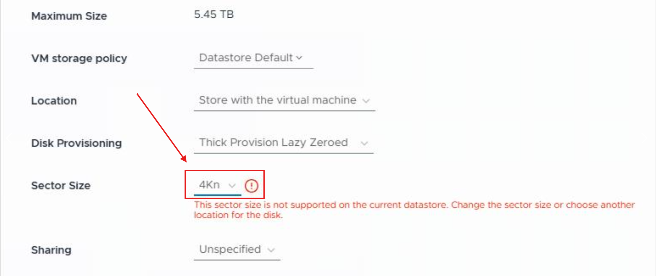vCenter 9 selecting the sector size