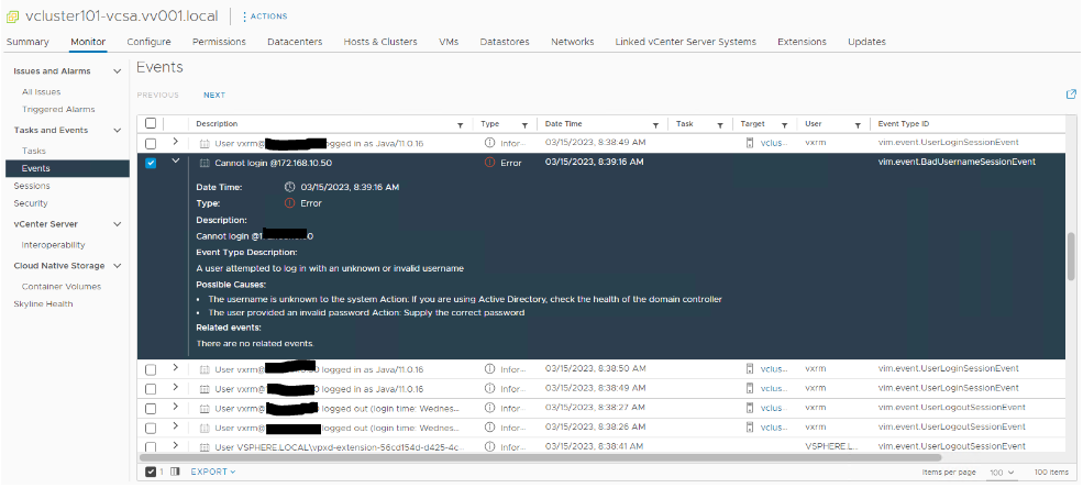 Screenshot of events showing blank user name