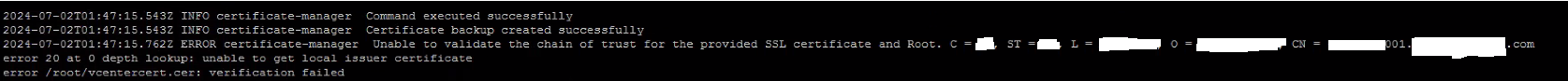 Error: certificate-manager: Unable to validate the chain of trust for the provided SSL certificate and Root.