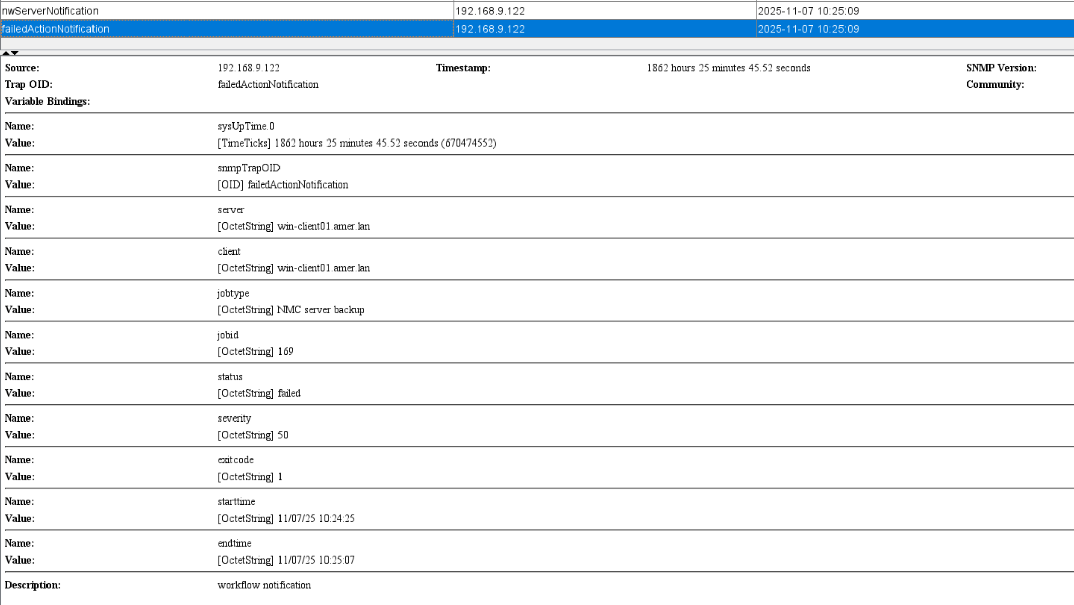 failedActionType SNMP trap