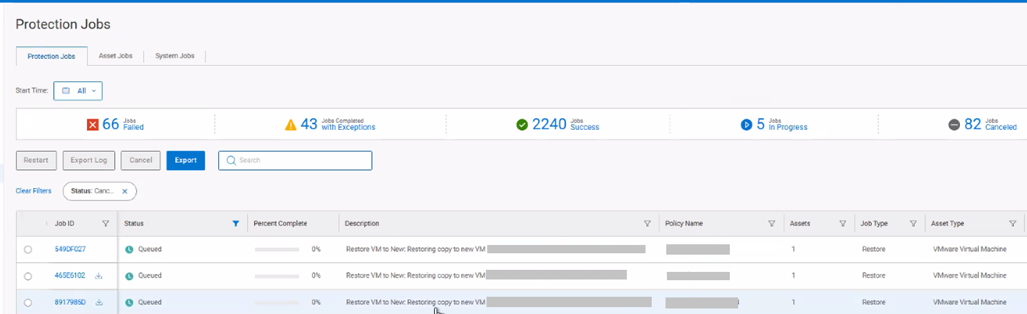 PowerProtect Interface showing queued jobs with 0% progress