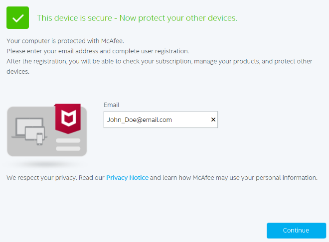 McAfee Small Business Security vous invitant à saisir une adresse e-mail
