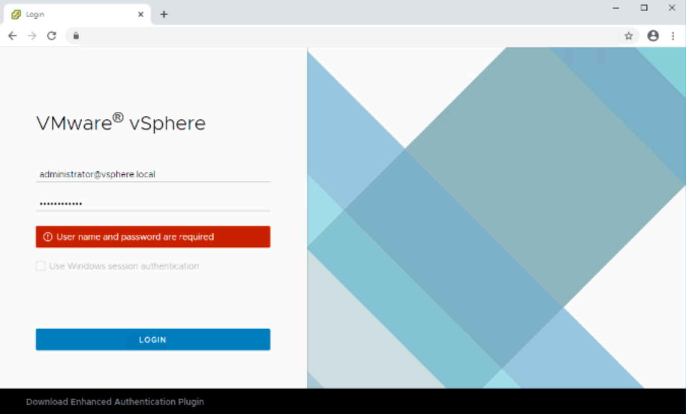VCSA Web Login shows "user name and password required" after login try