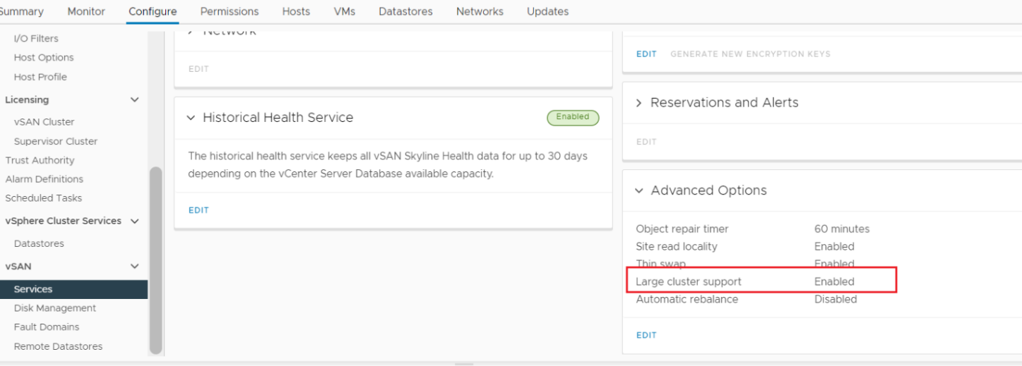 vCenter GUI under&nbsp;vSAN cluster --> Configure --> vSAN --> Services --> Advance Options