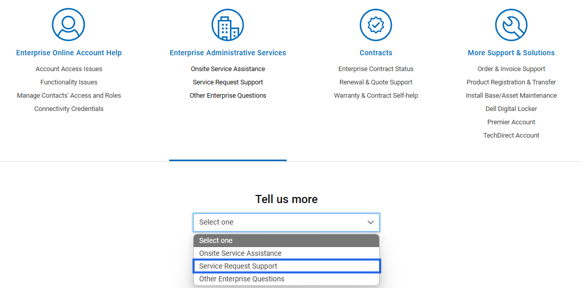 突出显示“Tell us more”下的“Service Request Support”下拉列表 
