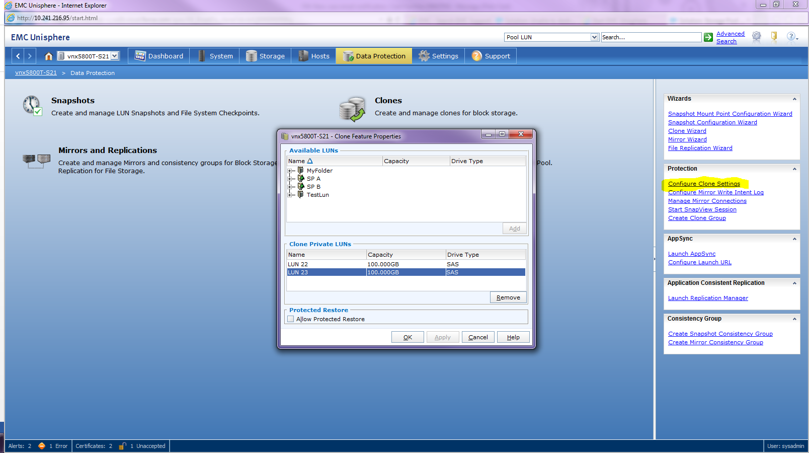 EMC Unisphere'de Data Protection sekmesi