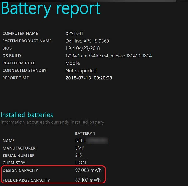Report sulle batterie di Windows, capacità progettata e capacità di carica completa