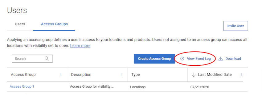 Grupo de acceso: ver registro de eventos
