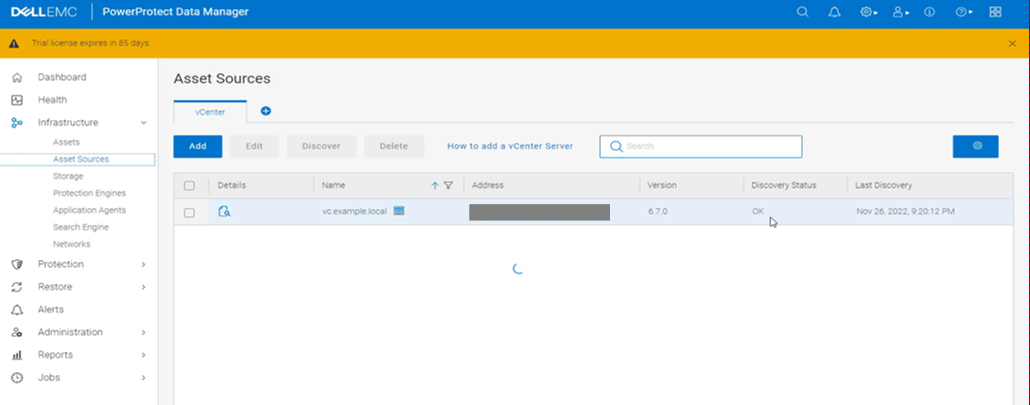 PowerProtect Data Manager, jossa näkyvät infrastruktuurin> resurssilähteet