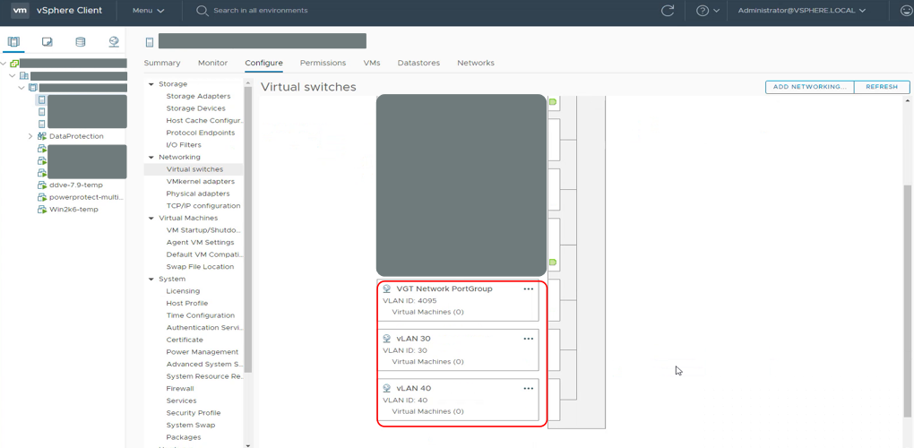 vSphere-asiakas näyttää tietosuojan> Verkkovirtuaalikytkinten määritys>>, joissa näkyvät VGT-porttiryhmän osat