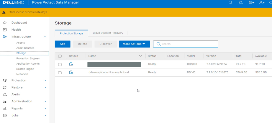 PowerProtect Data Manager отображает добавленную сеть в разделе «Инфраструктура> — хранилище для защиты данных> »
