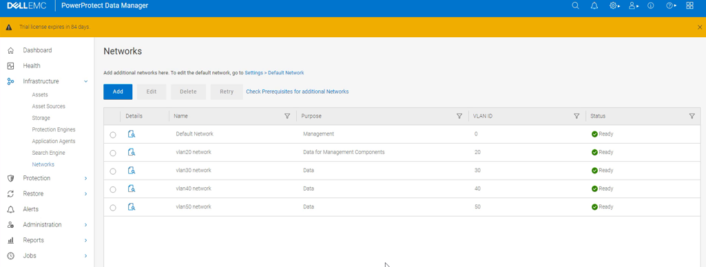 PowerProtect Data Manager visar infrastrukturnätverk>