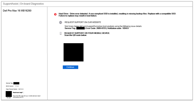 "Hard drive - Drive error detected. A non-compliant SSD is installed, resulting in missing backup files" error