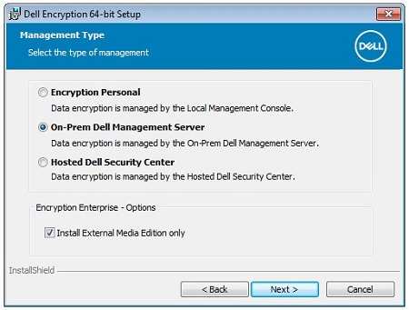 Servidor de administración Dell en las instalaciones e instalación de External Media Edition únicamente