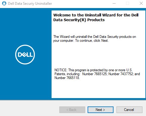 Tela de boas-vindas do desinstalador do Dell Data Security
