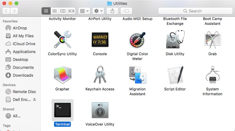 Terminal dans le menu Utilitaires