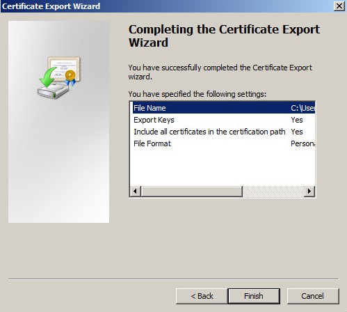 Completing the Certificate Export Wizard